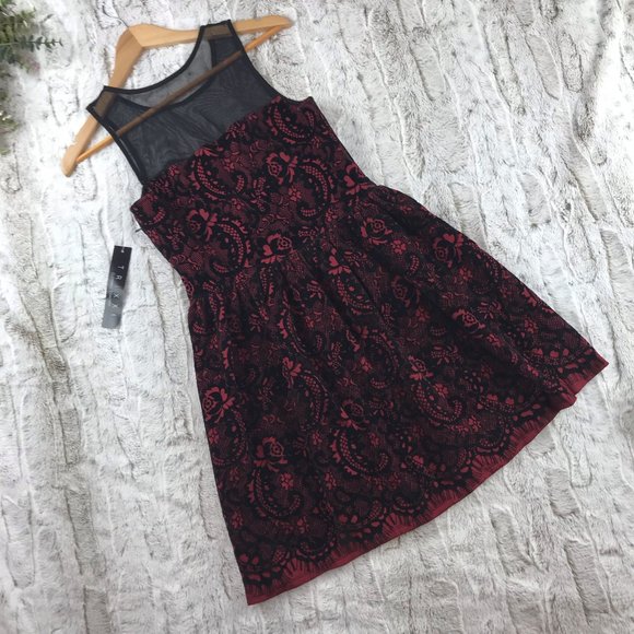 [Trixxi] Velvet Lace Print Mesh Flocked Skater Dress Size M Medium - Picture 8 of 10